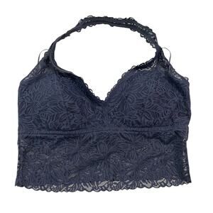 Aerie Womens Bra Size XL Blue Floral Lace Halter Neck Padded Bralette Wireless